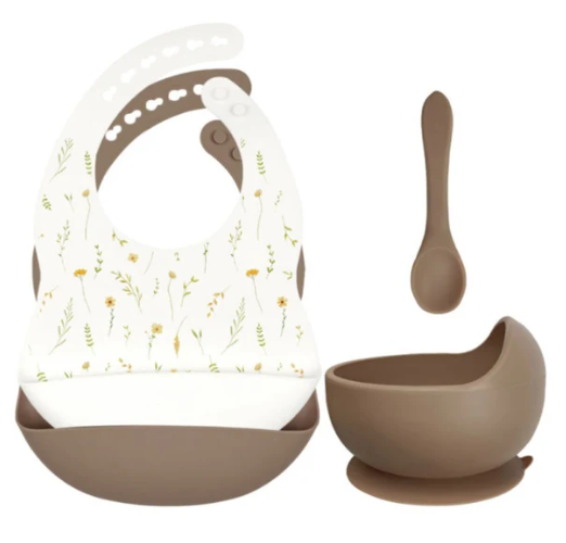 Conjunto de babetes, colher e tigela de silicone.